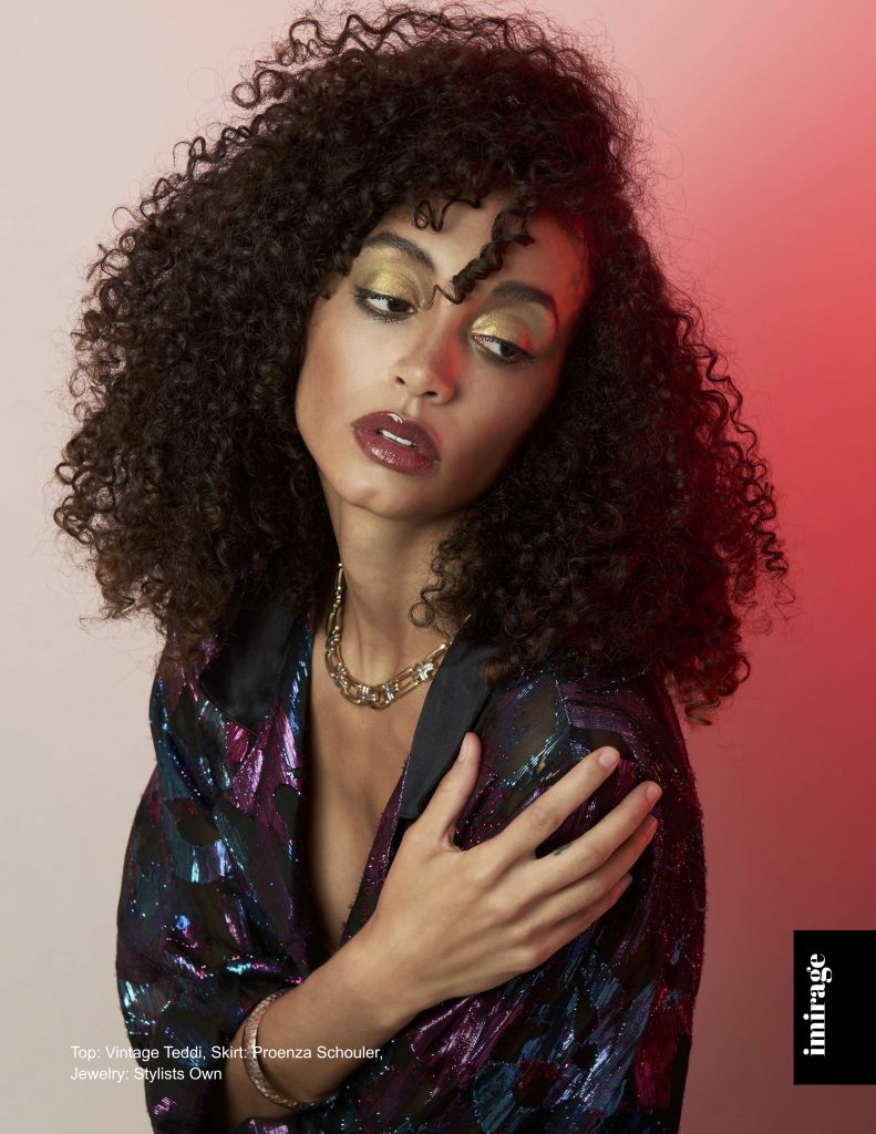 Two shots of model with gorgeous spiral curls and beautiful professional makeup